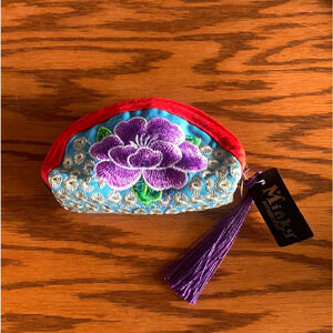Artisanal Embroidered Coin Purse- Red Trim